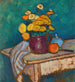 Natuurstudie met stof, bloemen in een kan, appel en container op de tafel - Alexej von Jawlensky
