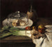 Natuurstudie met een boeket prei, een kaasbel en appels - Carl Schuch — weergave van het kunstwerk