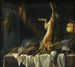 Natuurstudie met een dode haas, een eend, een fazant en gevogelte op een gedekte tafel met een wit laken, met een fruitschaal - Pieter van Boucle — weergave van het kunstwerk