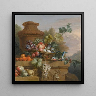 Stilleven met een mand fruit, een papegaai en een urn op een gebeeldhouwde stenen vensterbank - Volger van Jakob Bogdny