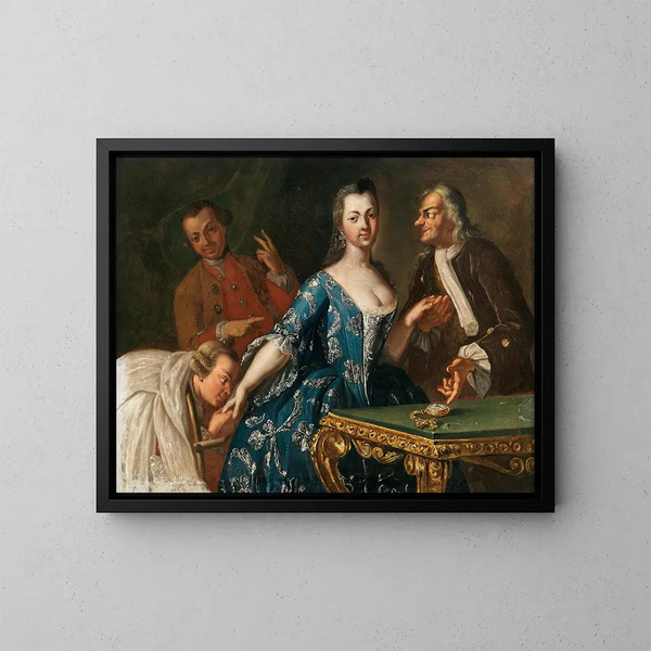 Messieurs courtisant une dame - École Napolitaine — ingelijst kunstwerk aan de muur