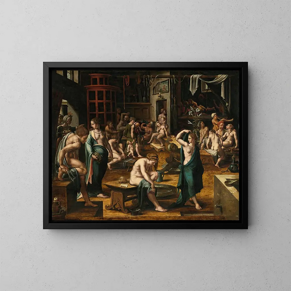 Een openbaar bad - Nederlandse school — ingelijst kunstwerk aan de muur