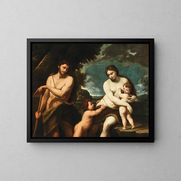 Adam and Eve with the children Cain and Abel - Nicola Vaccaro — framed artwork on a wall