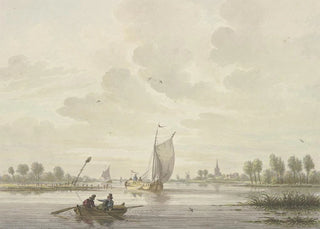Nicolaas Wicart - Auf einem Fluss segeln einige Barken vorne ein Ruderboot.webp