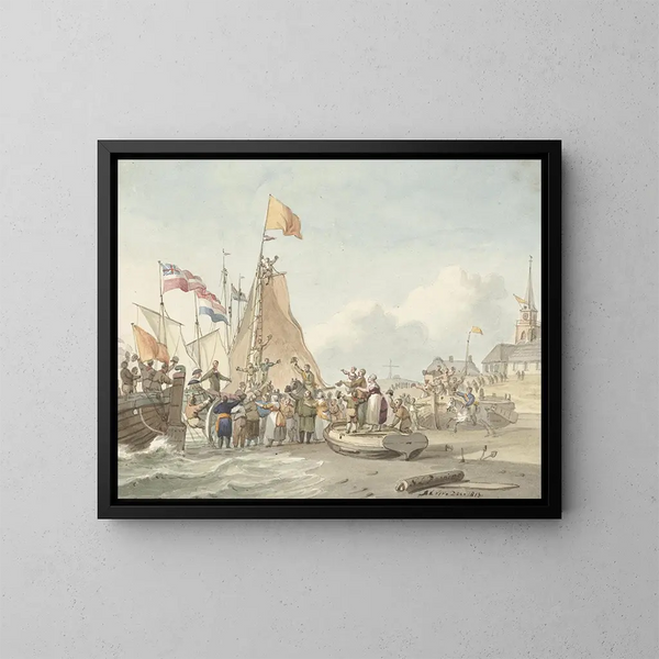 Aankomst van prins Willem Frederik in Scheveningen, 30 november 1813 - Nicolaes Lodewick Penning — ingelijst kunstwerk aan de muur