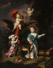 Portret van een landelijke familie met vier kinderen die mythologische figuren voorstellen, waaronder Ganymedes en Diana met een hert - Nicolaes Maes — weergave van het kunstwerk