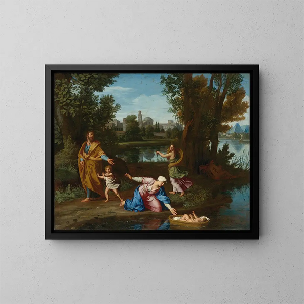 Mozes in het water gegooid - Nicolas Colombel — ingelijst kunstwerk aan de muur