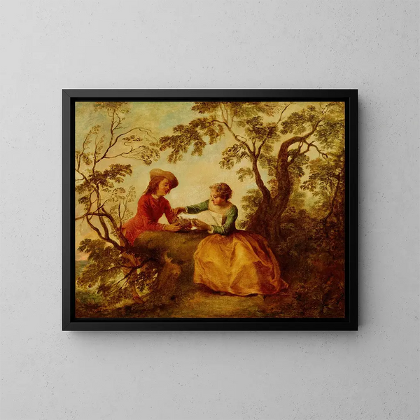 Een jong stel in romantische hof boven een vogelkooitje - Nicolas Lancret — ingelijst kunstwerk aan de muur