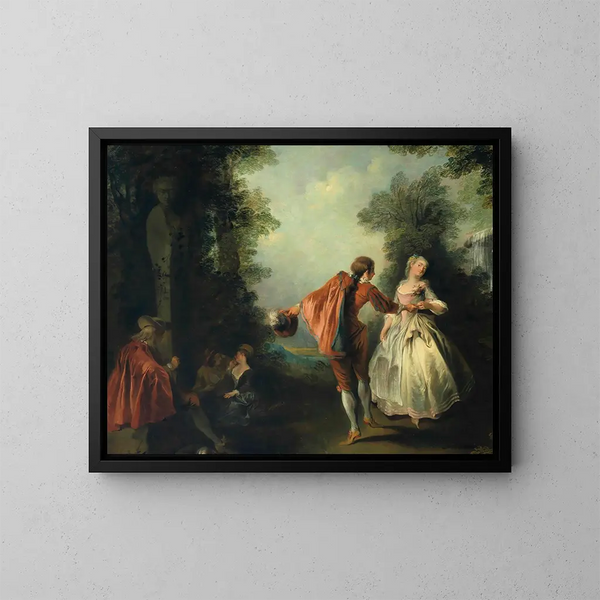 Elegante figuren in een bebost landschap - Nicolas Lancret — ingelijst kunstwerk aan de muur