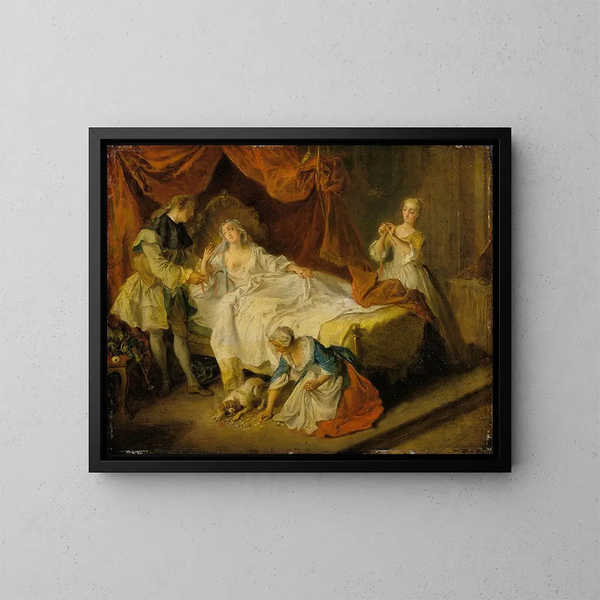De kleine hond die geld en juwelen schudt - Nicolas Lancret — ingelijst kunstwerk aan de muur