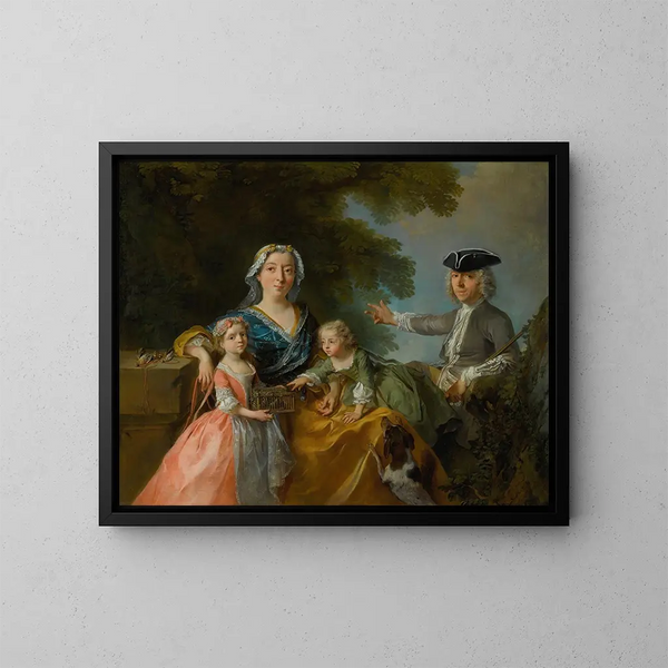 portret van een familie die traditioneel wordt geïdentificeerd als M. en Mevrouw Saint-Martin met hun twee kinderen in een landschap - Nicolas Lancret — ingelijst kunstwerk aan de muur