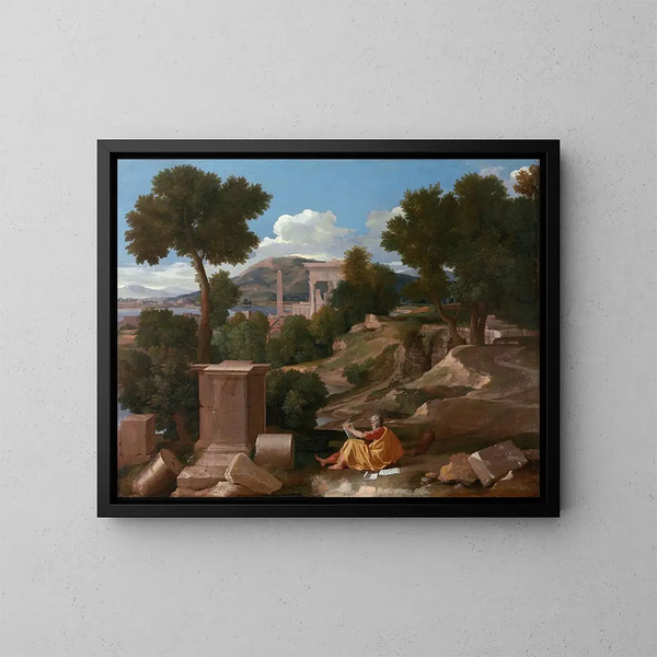 Landschap met Sint Johannes op het eiland Patmos - Nicolas Poussin — ingelijst kunstwerk aan de muur