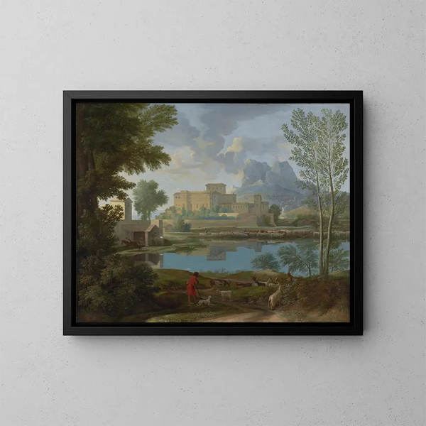 Landschap met een rust - Nicolas Poussin — ingelijst kunstwerk aan de muur