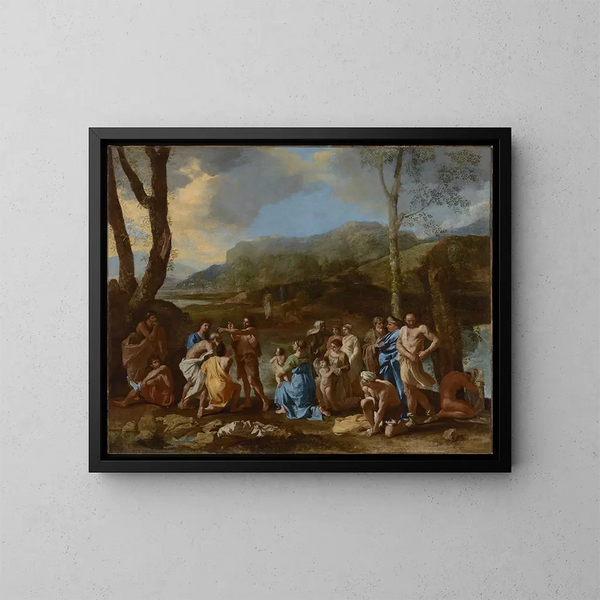 Sint Johannes de Doper in de rivier de Jordaan - Nicolas Poussin — ingelijst kunstwerk aan de muur