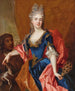 Portret van een dame die een pauwenveren waaier vasthoudt met haar dienaar die een hond vasthoudt - Nicolas de Largillière — weergave van het kunstwerk