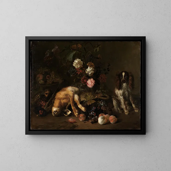 Natuurschilderij met wild, bloemen, fruit en een spaniel - Nicolas de Largillière — ingelijst kunstwerk aan de muur