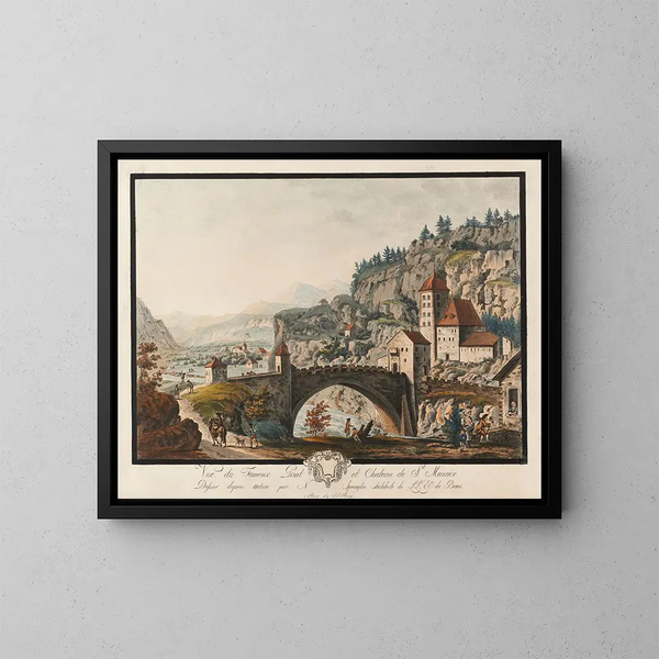 Vue du célèbre pont et château de Saint-Maurice - Niklaus Sprüngli — ingelijst kunstwerk aan de muur