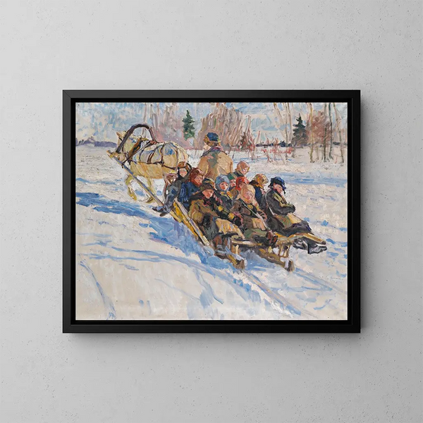 Kinderen in een slee - Nikolai Bogdanov-Belsky — ingelijst kunstwerk aan de muur