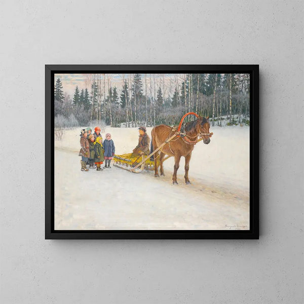 Winter slee sled with children - Nikolai Bogdanov-Belsky — ingelijst kunstwerk aan de muur