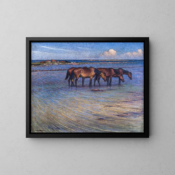 van paarden die zich in het water koesteren - Nils Kreuger — ingelijst kunstwerk aan de muur