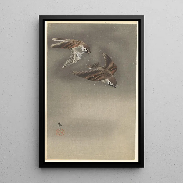 Moineaux à collier dans la neige - Ohara Koson — ingelijst kunstwerk aan de muur