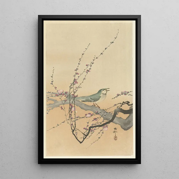 Zangerende vogel en pruimenbloesem - Ohara Koson — ingelijst kunstwerk aan de muur