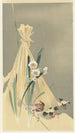 Bird singing near a haystack - Ohara Koson — artwork view