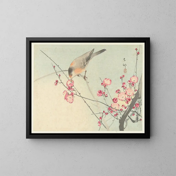 Vogel zanger op een bloeiende tak - Ohara Koson — ingelijst kunstwerk aan de muur