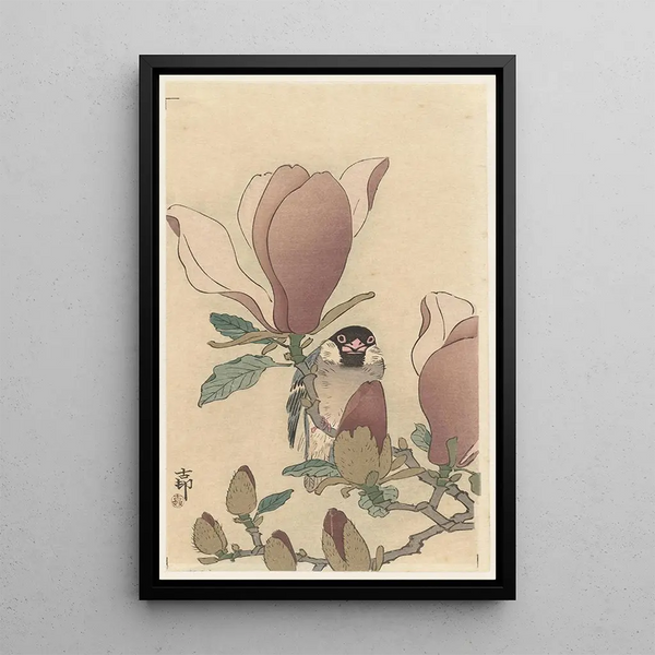 Moineau sur une branche de magnolia en fleur - Ohara Koson — ingelijst kunstwerk aan de muur