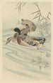 Three ducks in shallow water with reed - Ohara Koson — artwork view
