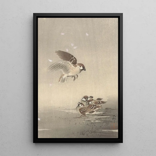 Moineau friquet avec jeune - Ohara Koson — ingelijst kunstwerk aan de muur