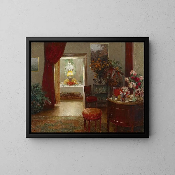 Binnenlands schilderij met een gedekte tafel voor een feest - Olga Wisinger-Florian — ingelijst kunstwerk aan de muur