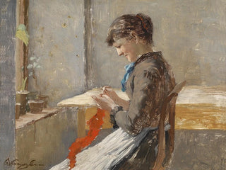Olga WisingerFlorian - Strickende Frau am Fenster.webp