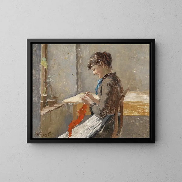 Vrouw die aan het raam breit - Olga Wisinger-Florian — ingelijst kunstwerk aan de muur