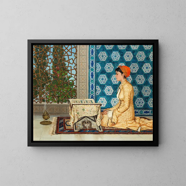 Jonge vrouw die leest - Osman Hamdi Bey — ingelijst kunstwerk aan de muur