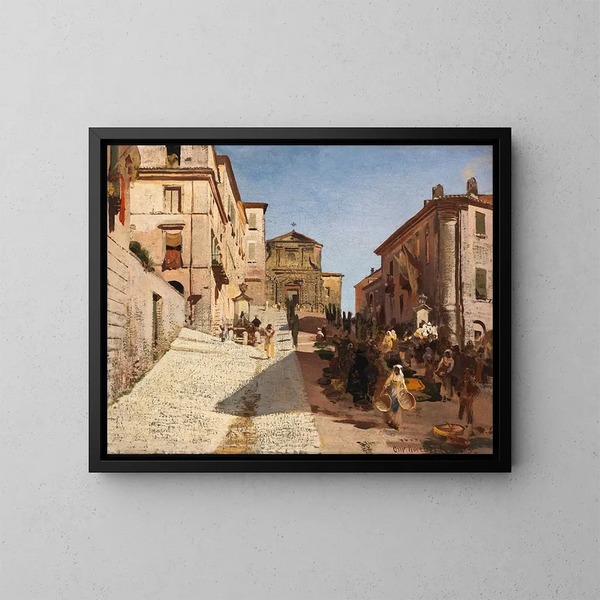 van Genzano uitzicht met de Santa Maria della Cima kerk - Oswald Achenbach — ingelijst kunstwerk aan de muur