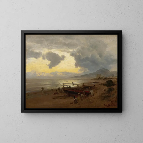 Zonsondergang aan de kust - Oswald Achenbach — ingelijst kunstwerk aan de muur