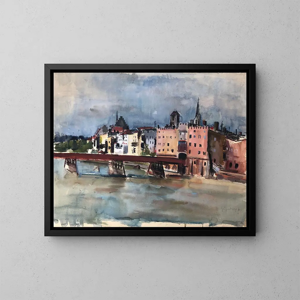 van het Front de la Wasserburg am Inn met de Inn-brug - Otto Geigenberger — ingelijst kunstwerk aan de muur
