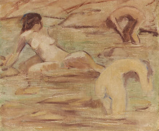 Drie jonge meisjes die baden - Otto Mueller — weergave van het kunstwerk