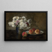 Bouquet de dahlias et pêches sur un entablement - Otto Scholderer — framed artwork on a wall