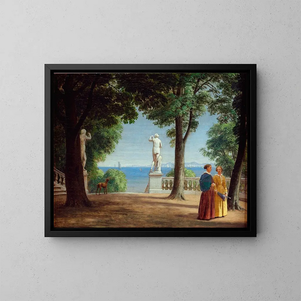 Vue op Kullen vanaf een tuinterras met standbeelden - P. C. Skovgaard — ingelijst kunstwerk aan de muur