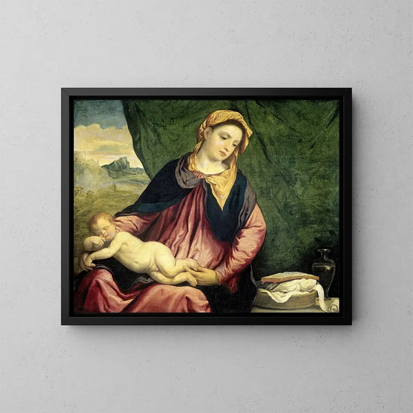 Madonna met de slapende Kind - Paris Bordone — ingelijst kunstwerk aan de muur