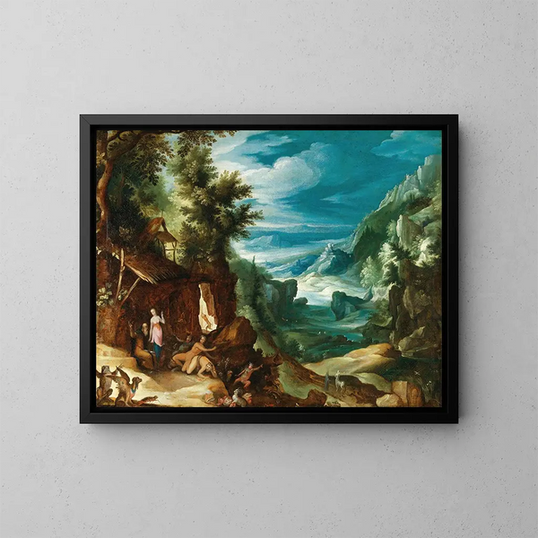 Landschap met de Verleiding van Sint-Antonius - Paul Bril — ingelijst kunstwerk aan de muur