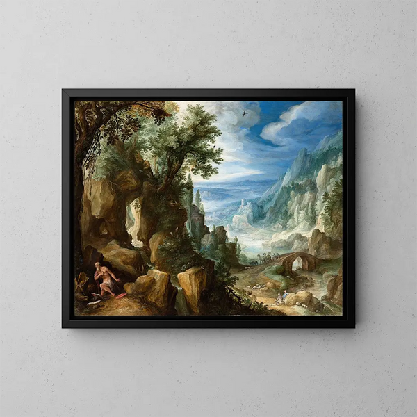 Landschap met bergtoppen en Sint-Jerome - Paul Bril — ingelijst kunstwerk aan de muur