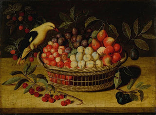 Paul Dorival - Still life with cherries plums raspberries and other fruits in a basket with a yellow bird.webp