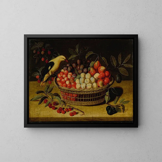 Paul Dorival - Still life with cherries plums raspberries and other fruits in a basket with a yellow bird.webp
