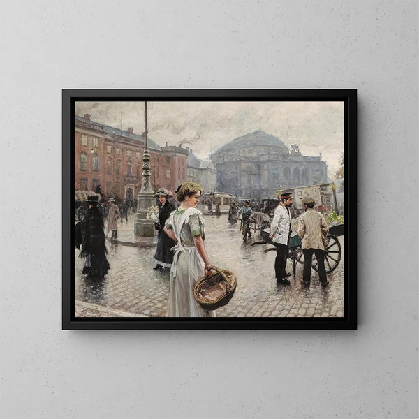 Kongens Nytorv met Musse die boodschappen doet - Paul Fischer — ingelijst kunstwerk aan de muur