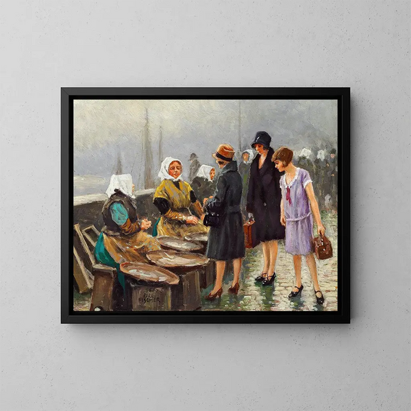 Drie jonge dames kopen verse vis bij Gammel Strand - Paul Fischer — ingelijst kunstwerk aan de muur