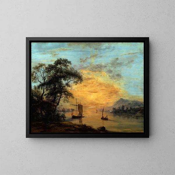 Een rivierlandschap bij zonsondergang in Wales - Paul Sandby — ingelijst kunstwerk aan de muur
