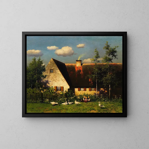 van Kinderen die spelen en ganzen voor de boerderij - Paul Wilhelm Keller-Reutlingen — ingelijst kunstwerk aan de muur